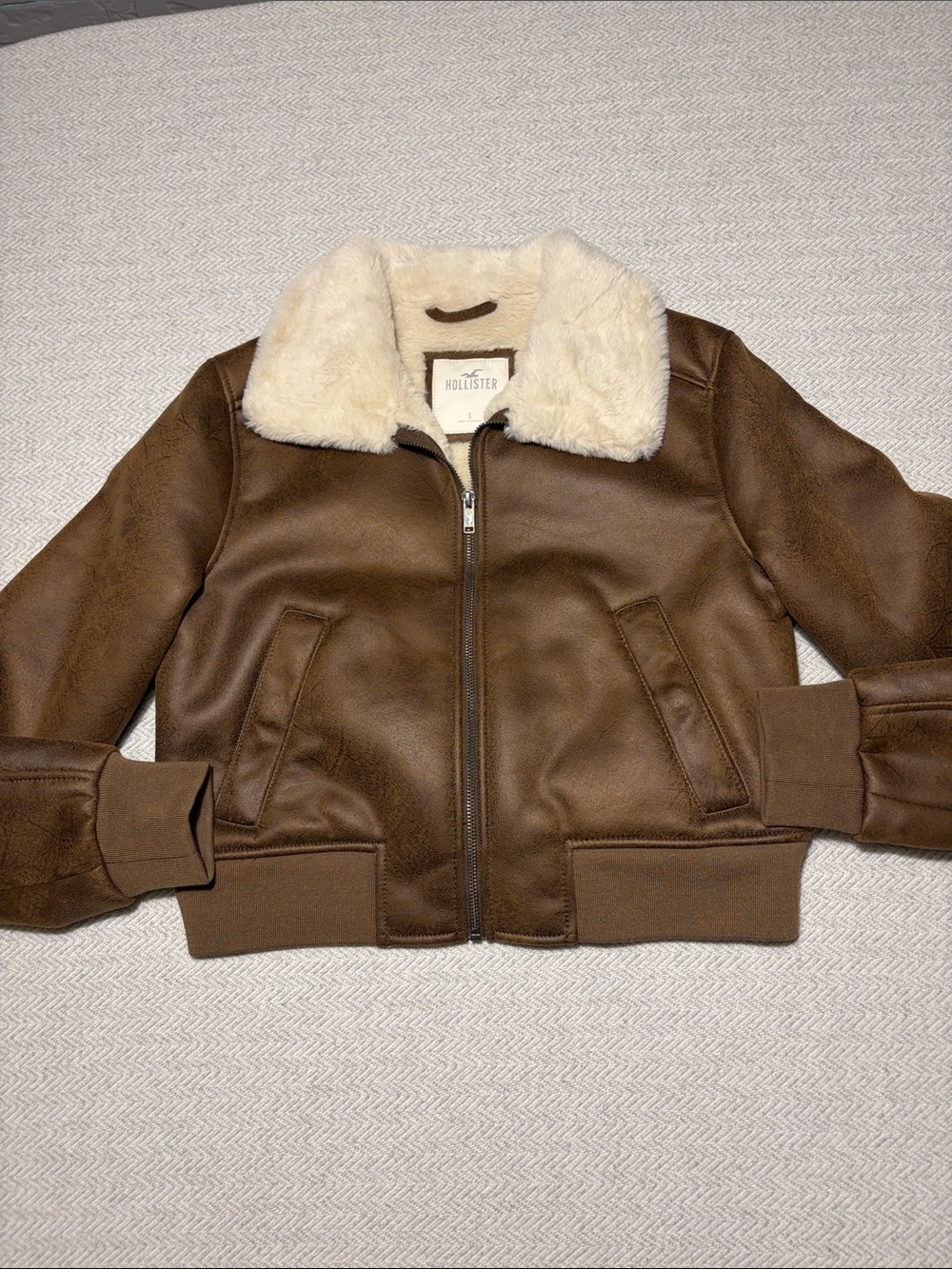 Hollister Brown Faux Leather Cropped Bomber Jacket. Size Small